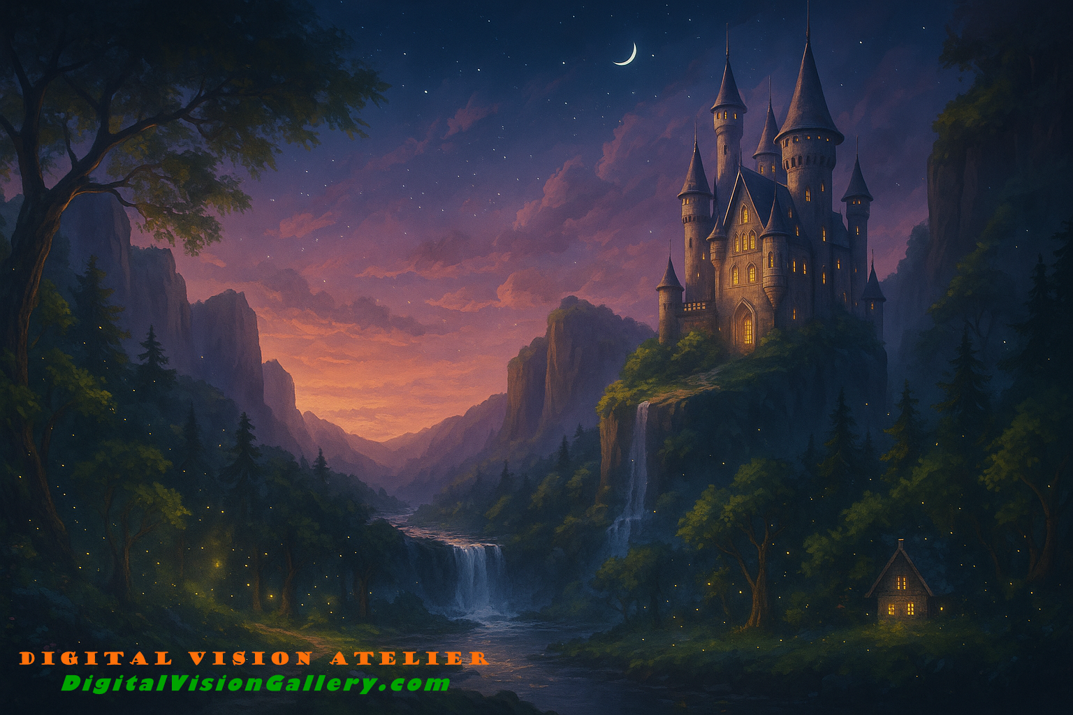 Moonlit castle fantasy painting