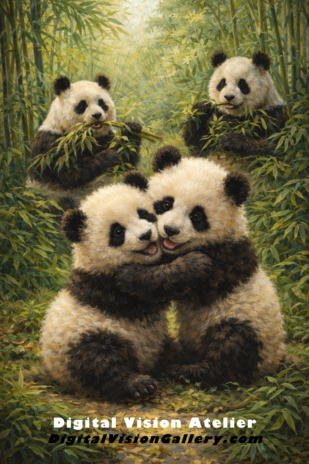 Adorable pandas in a bamboo forest artwork