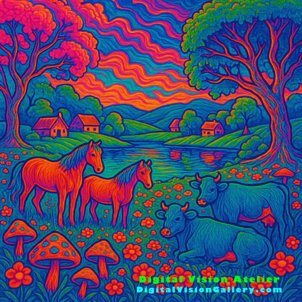 Psychedelic pasture artwork with horses and cows in vivid colors